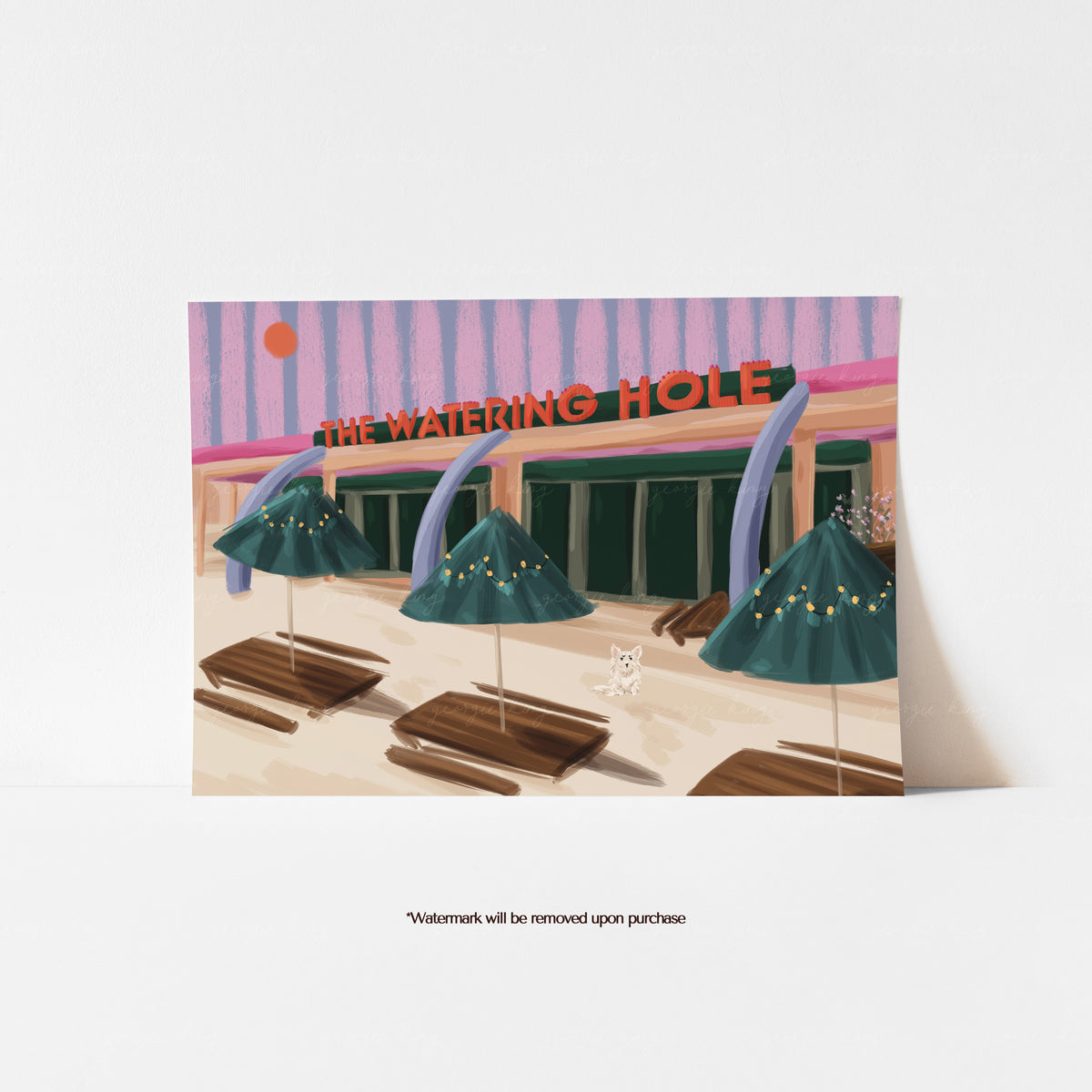 The Watering Hole Perranporth print showing the striped beach bar, blue parasols and wooden benches