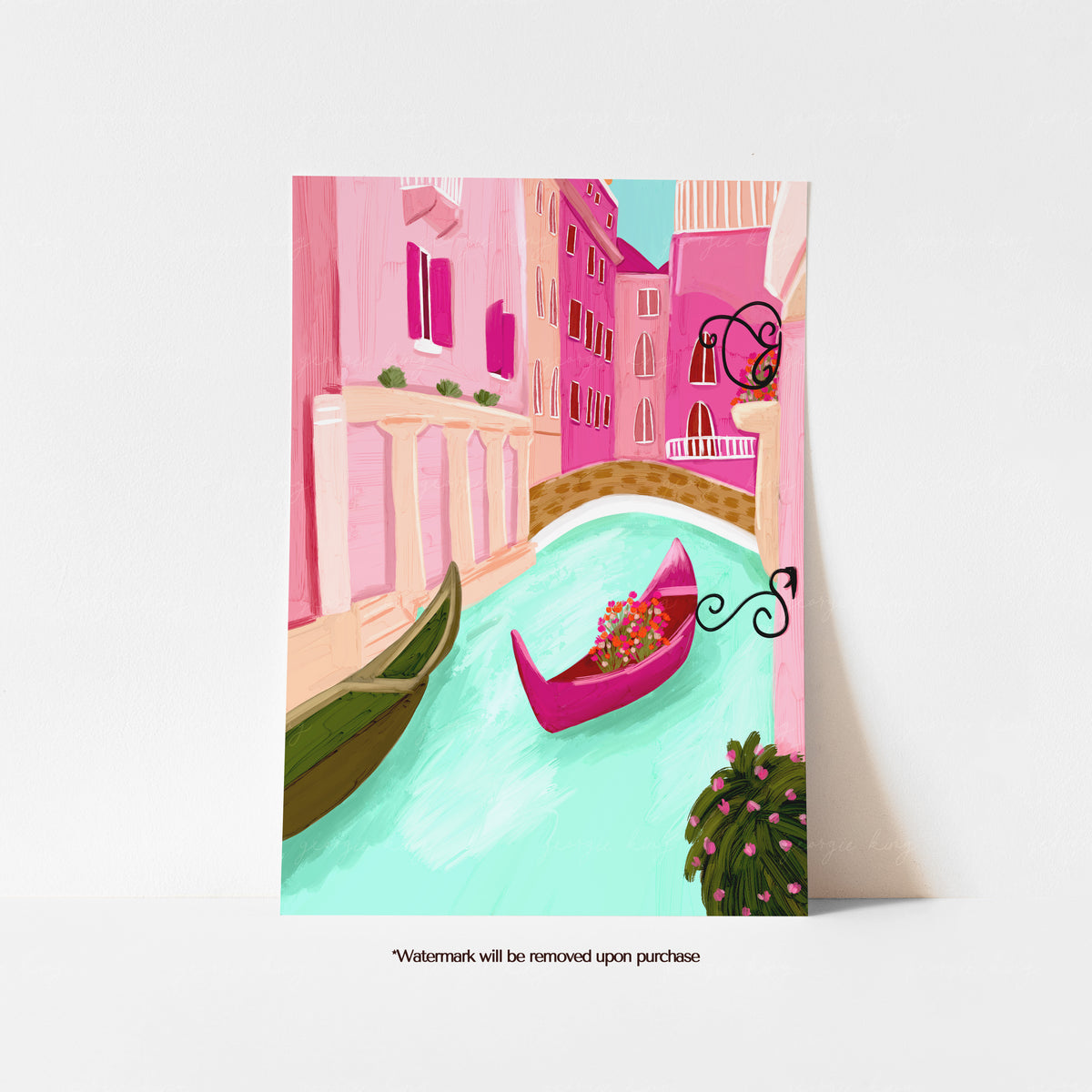 Colourful Venice art print with pink canal buildings, turquoise water and a magenta flower-filled gondola