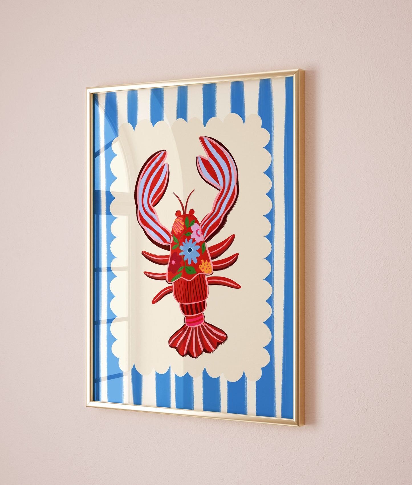 Red lobster wall art print on a nude wall.
