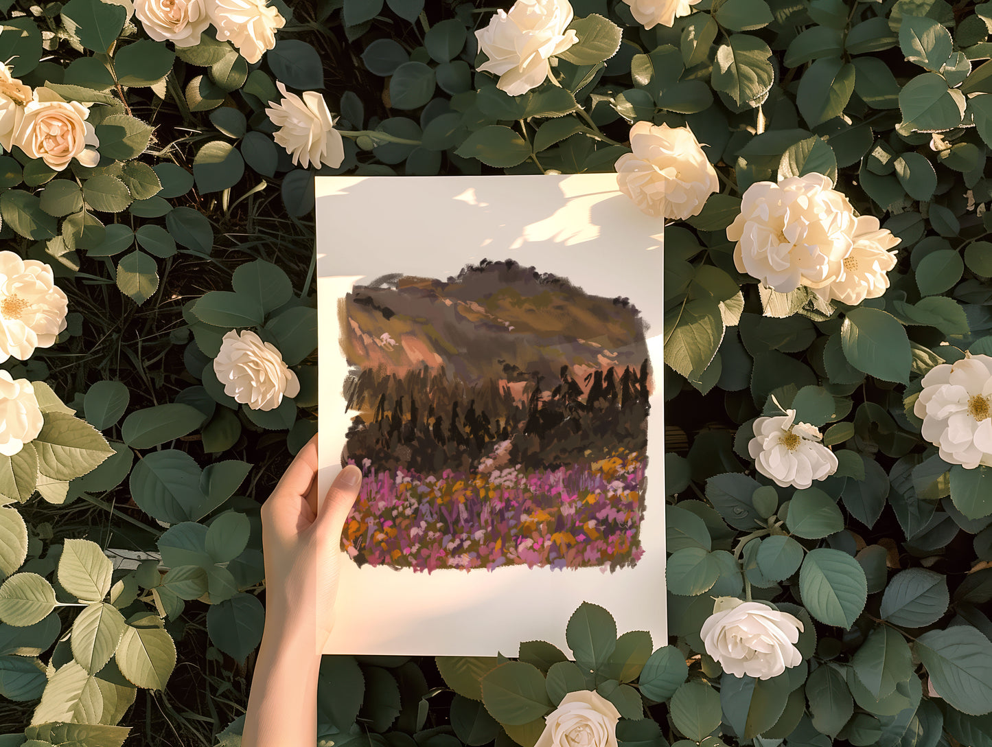 Botanical landscape art with depth and texture places against a floral garden rose bush