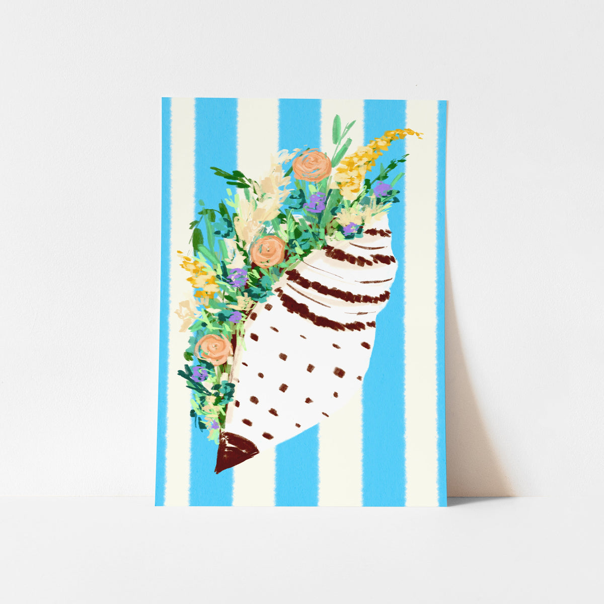 Colourful seashell and wildflower art print against blue and cream stripes