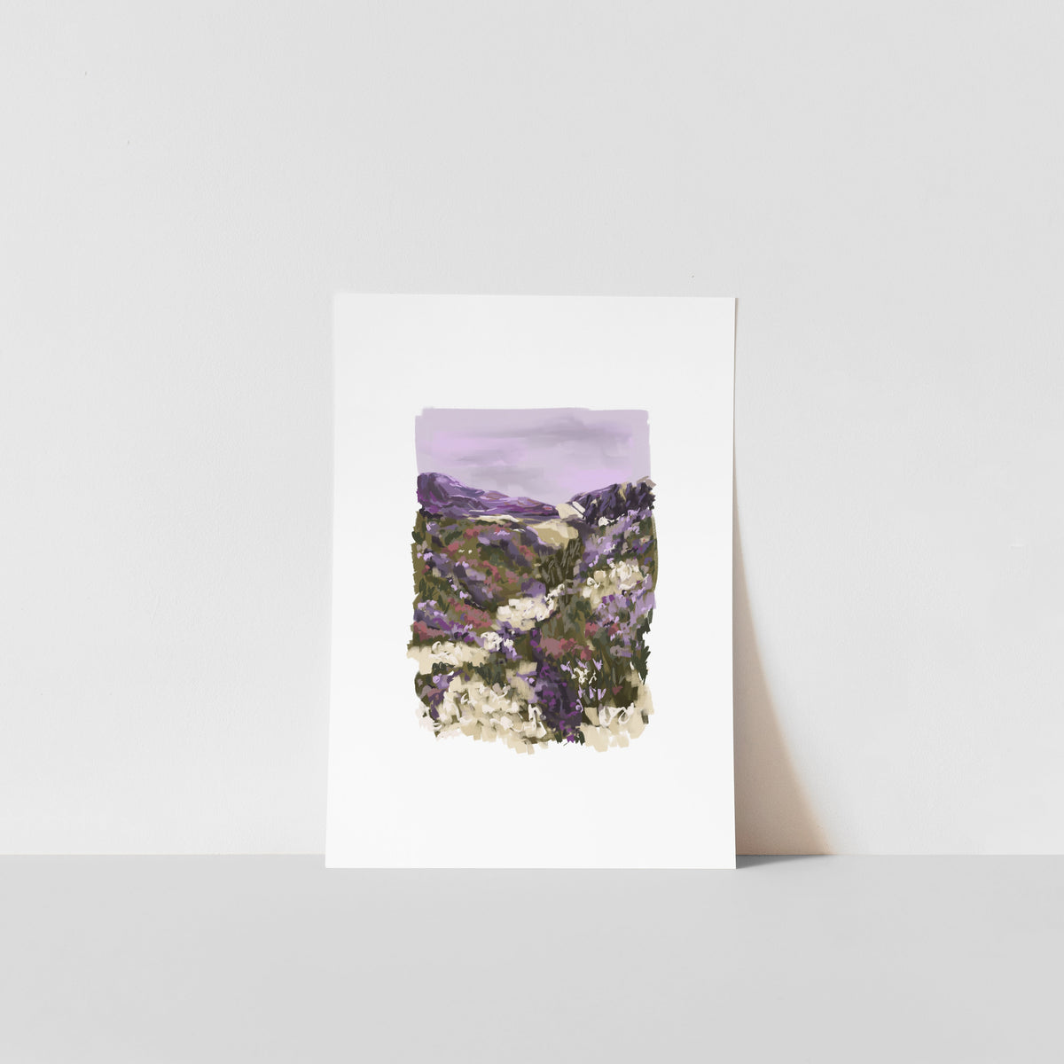 Purple heather hillside wildflower art print with green hills and cream flowers