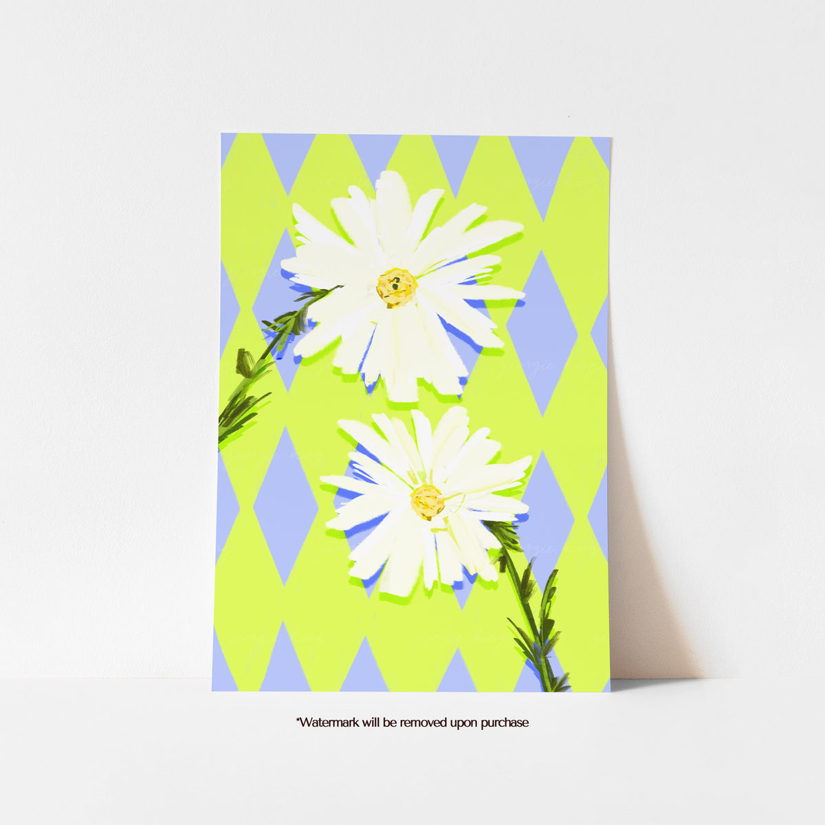 April birth flower print with two white daisies on a lime green and lilac diamond-patterned background