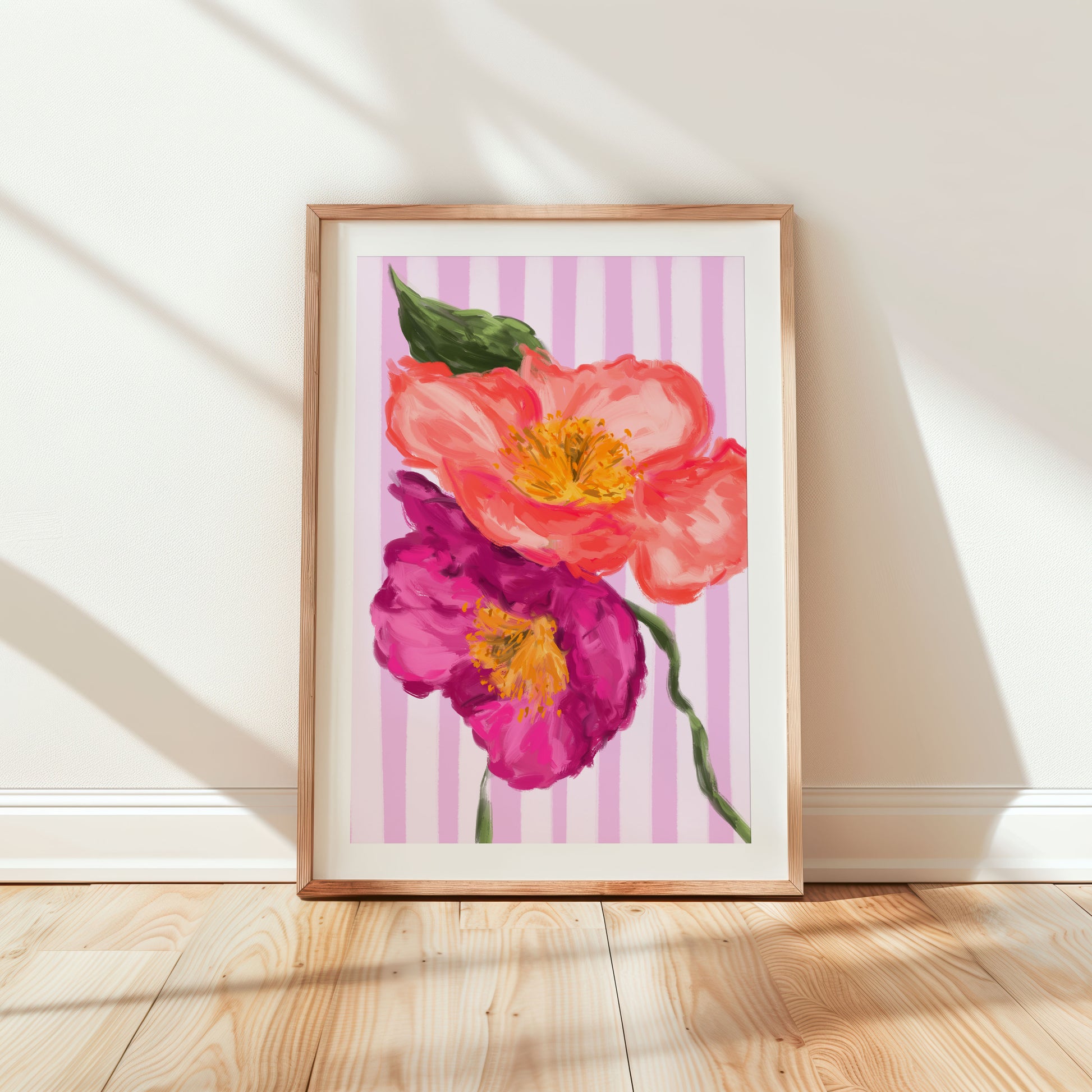 Vibrant pink and coral floral art print