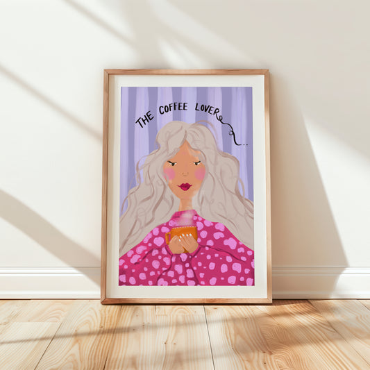 Customisable Coffee Lover print featuring a blonde-haired girl holding a coffee cup.