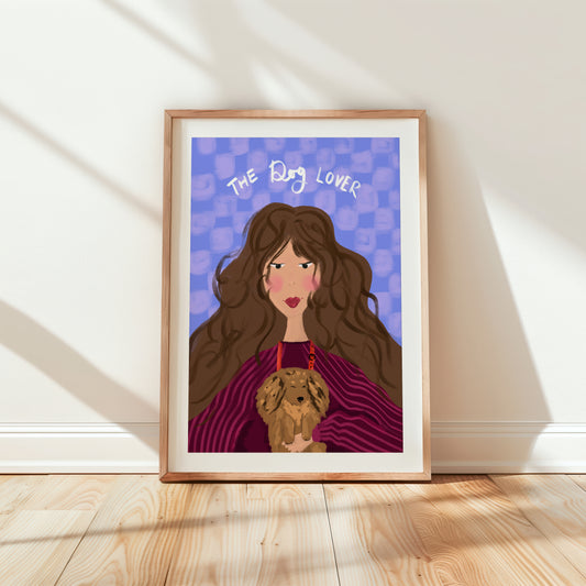Customisable Dog Lover print featuring a stylish girl holding a small dog.