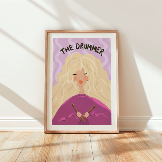 Customisable Drummer print featuring a stylish girl with drumsticks.