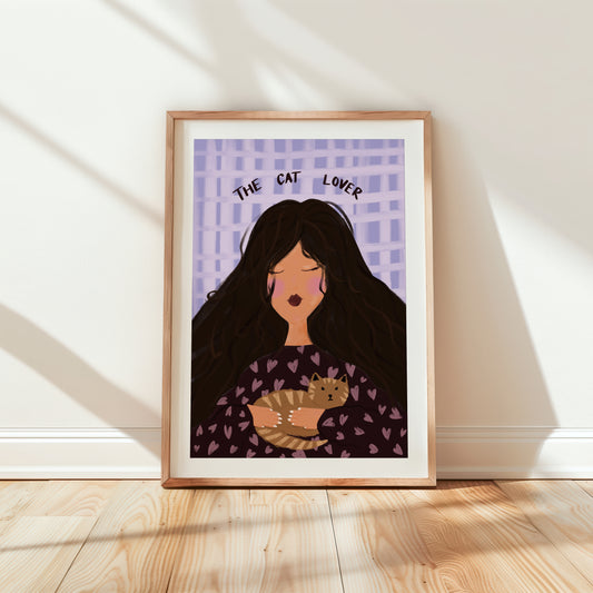 Customisable Cat Lover print featuring a girl with dark hair holding a cat.