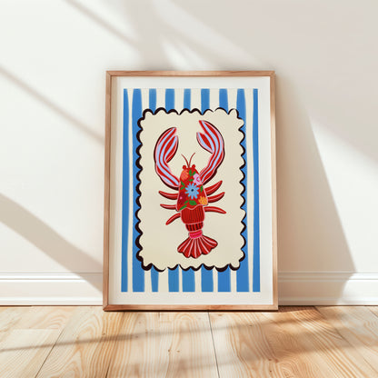 A vibrant art print featuring a detailed lobster with bright floral patterns, set against blue and white nautical stripes, with scalloped edges.
