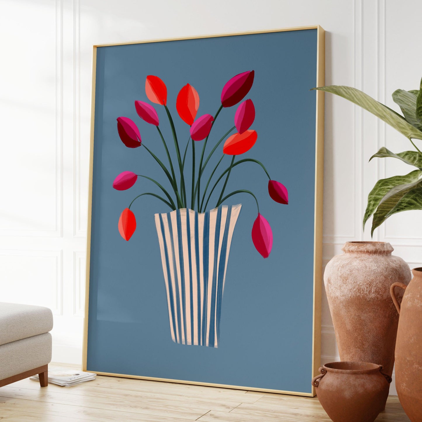 Abstract tulips large art print on a dusky blue background