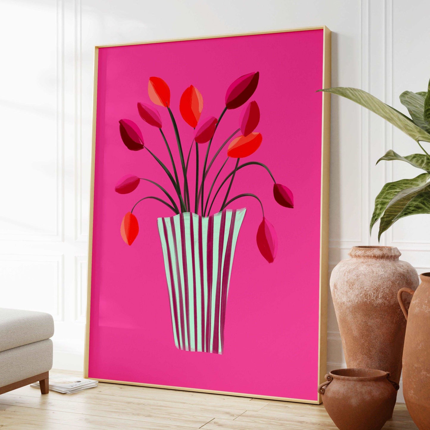 Abstract tulips large art print on a bright pink background