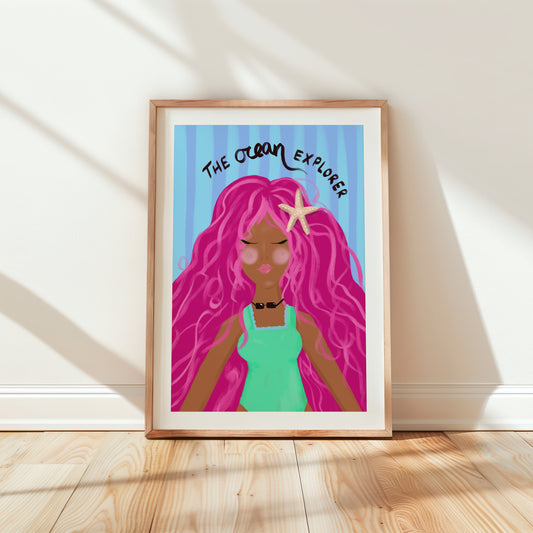 Customisable Ocean Explorer print with a girl wearing a starfish in her hair.