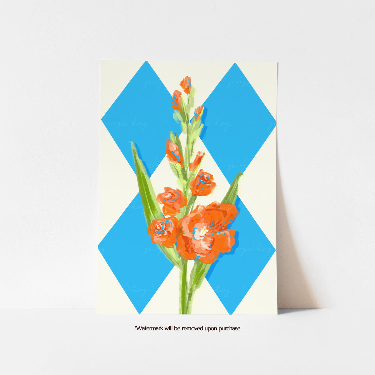 August birth flower print featuring an orange gladiolus against bold blue diamond shapes