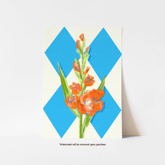 August birth flower print featuring an orange gladiolus against bold blue diamond shapes