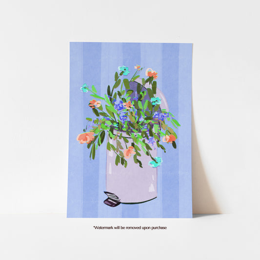 Colourful bathroom wall art print featuring a lilac pedal bin overflowing with flowers on a blue striped background