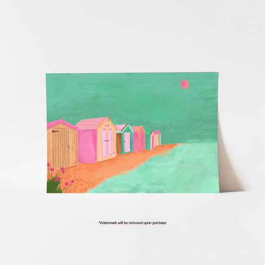 Colourful Cornish beach huts art print with pink huts, turquoise sea and a small coral sun
