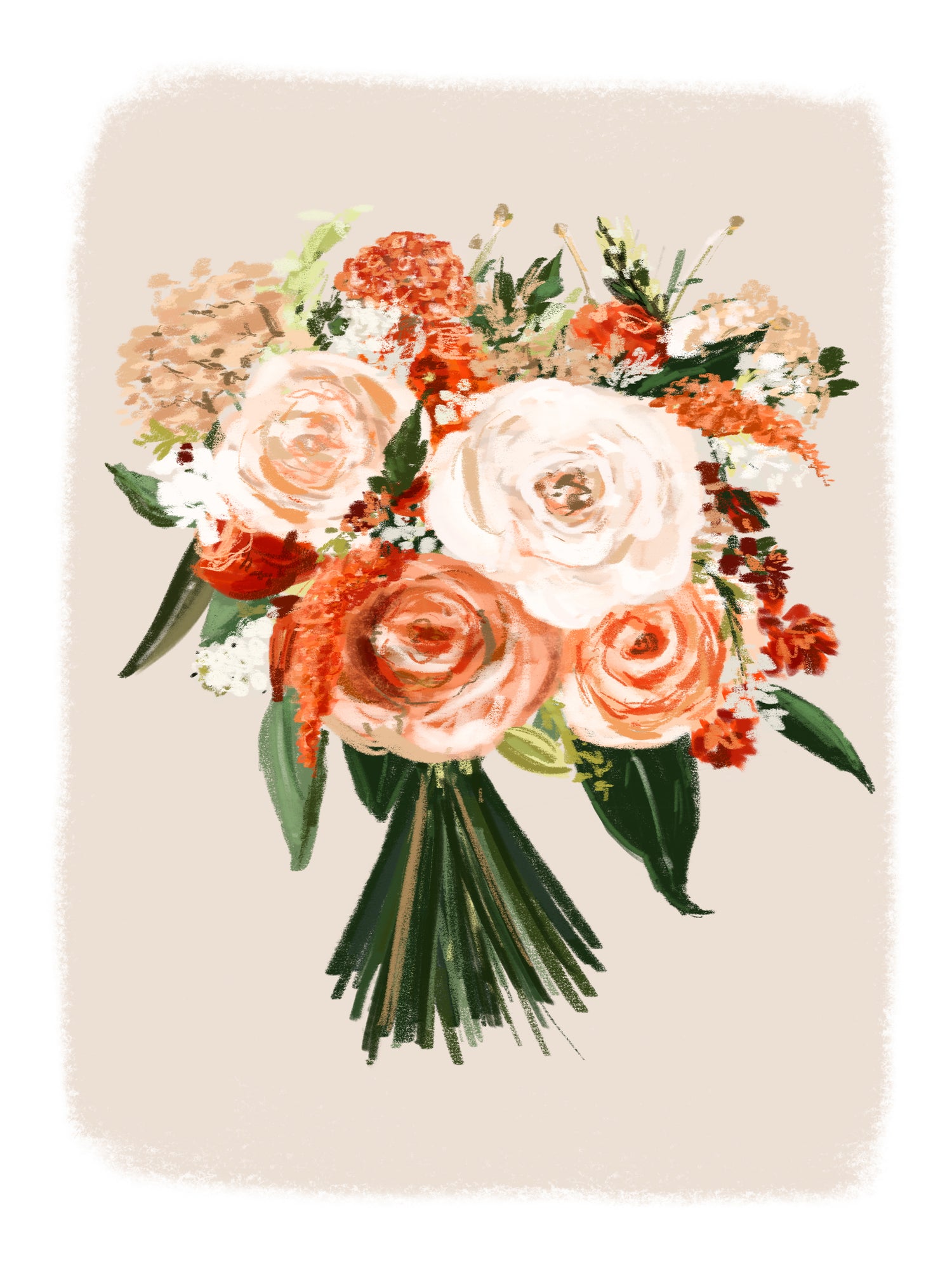 Wedding Floral bouquet art print with orange and white flowers on a beige background