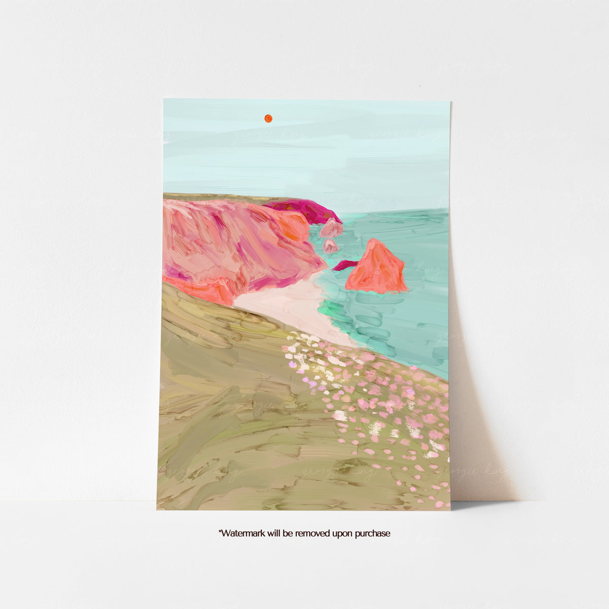 Colourful Bedruthan Steps Cornwall print with pink cliffs, sea stacks, turquoise water and coastal wildflowers

