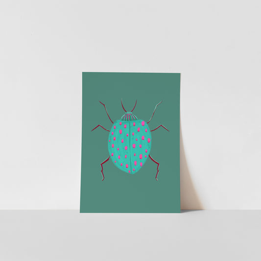 Art print with a beetle design on a green background