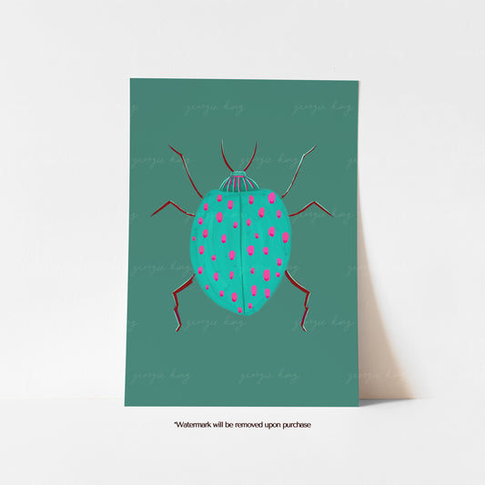 Colourful beetle kids art print with a turquoise shell and bright pink spots against a muted green background
