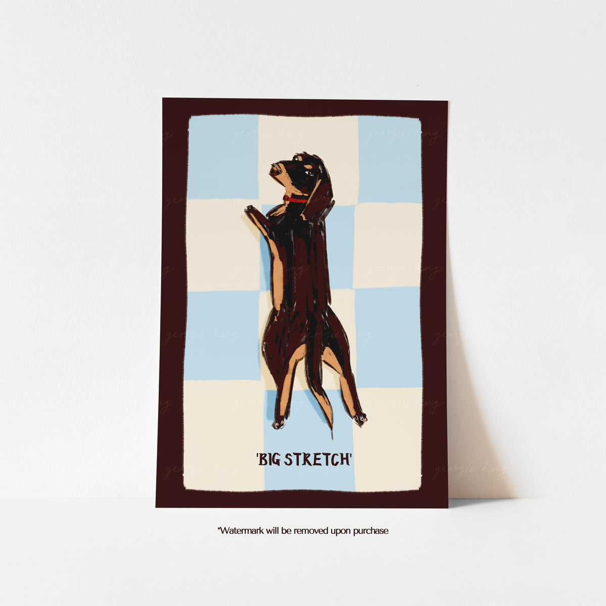 Black and tan dachshund Big Stretch art print with a blue and cream checkerboard background and dark brown border.