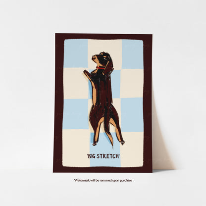 Black and tan dachshund Big Stretch art print with a blue and cream checkerboard background and dark brown border.