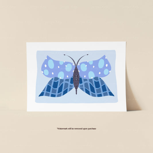 Blue butterfly kids art print with spotted wings and dark blue patterns against a pale blue background
