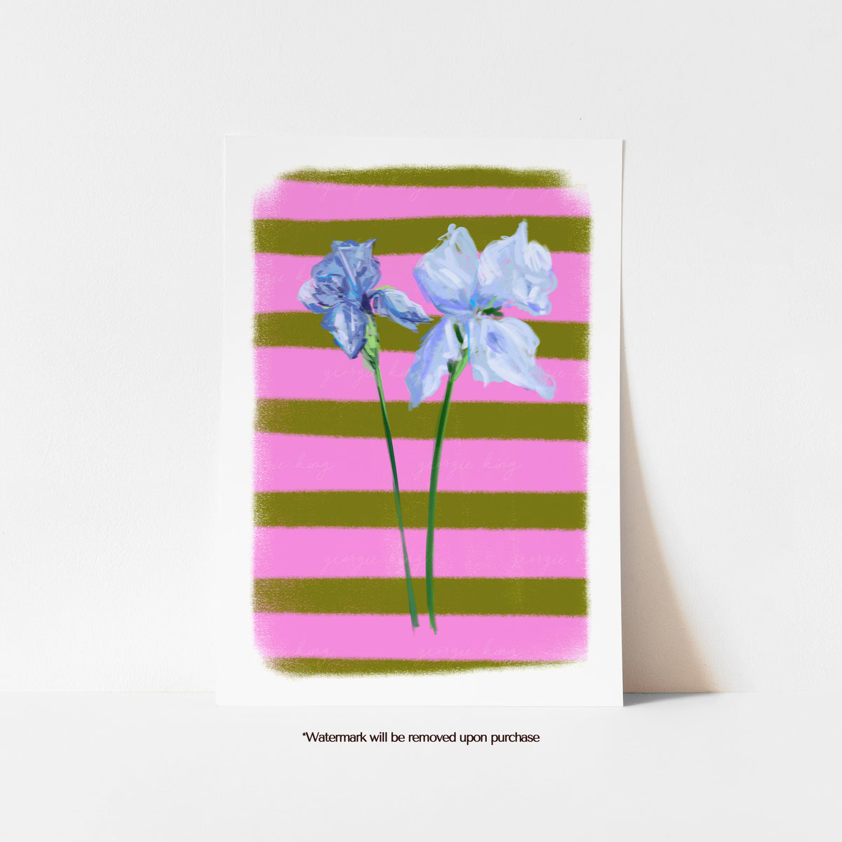 A colourful iris print featuring two soft blue blooms against bold pink and green stripes.