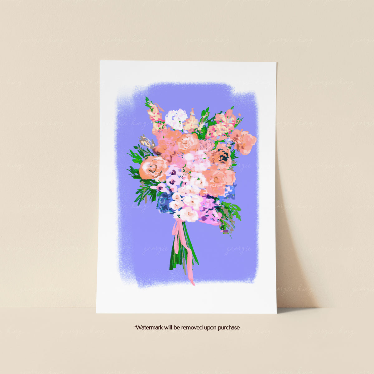 Pastel flower bouquet print with peach, pink, lilac and cream blooms against a soft purple background
