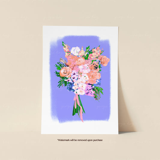 Pastel flower bouquet print with peach, pink, lilac and cream blooms against a soft purple background
