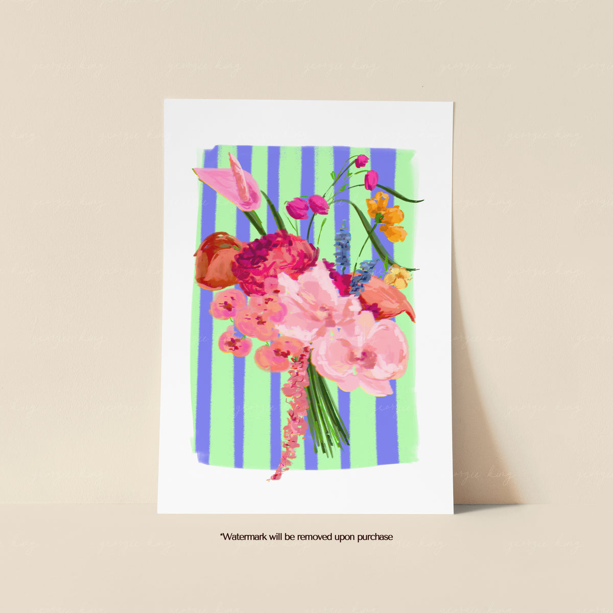 Pink painted flower bouquet print with soft blooms against lime green and cobalt blue stripes
