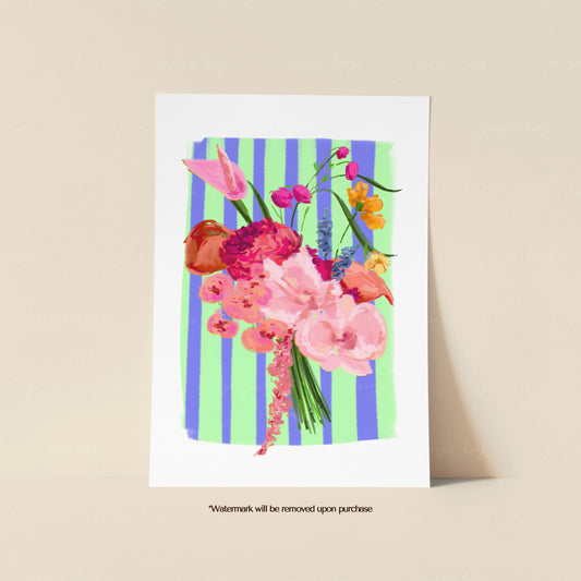 Pink painted flower bouquet print with soft blooms against lime green and cobalt blue stripes
