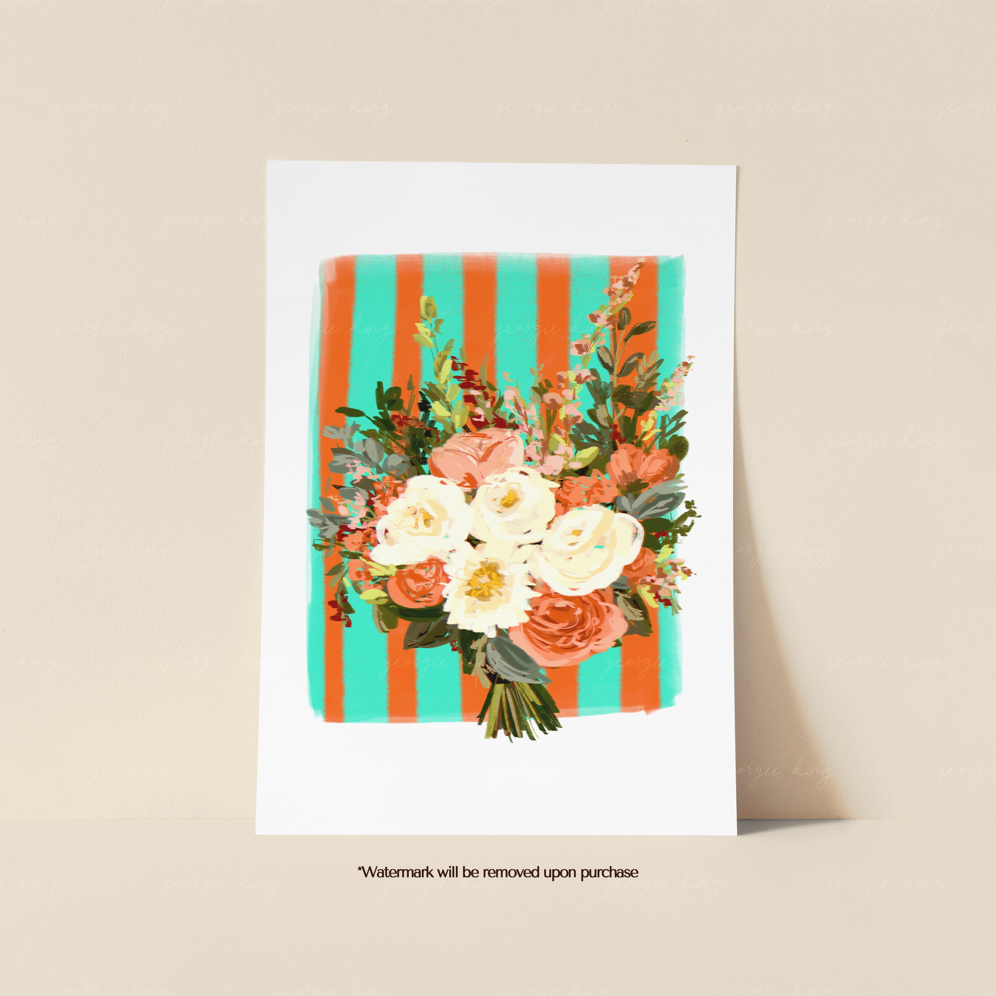 Orange and teal flower bouquet print with cream and peach blooms against a bold striped background
