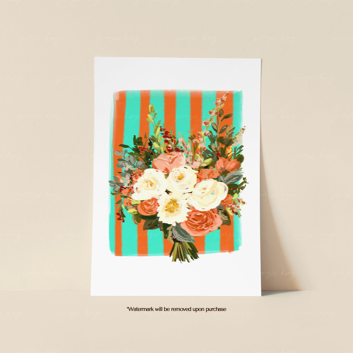Orange and teal flower bouquet print with cream and peach blooms against a bold striped background
