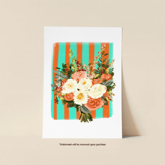 Orange and teal flower bouquet print with cream and peach blooms against a bold striped background
