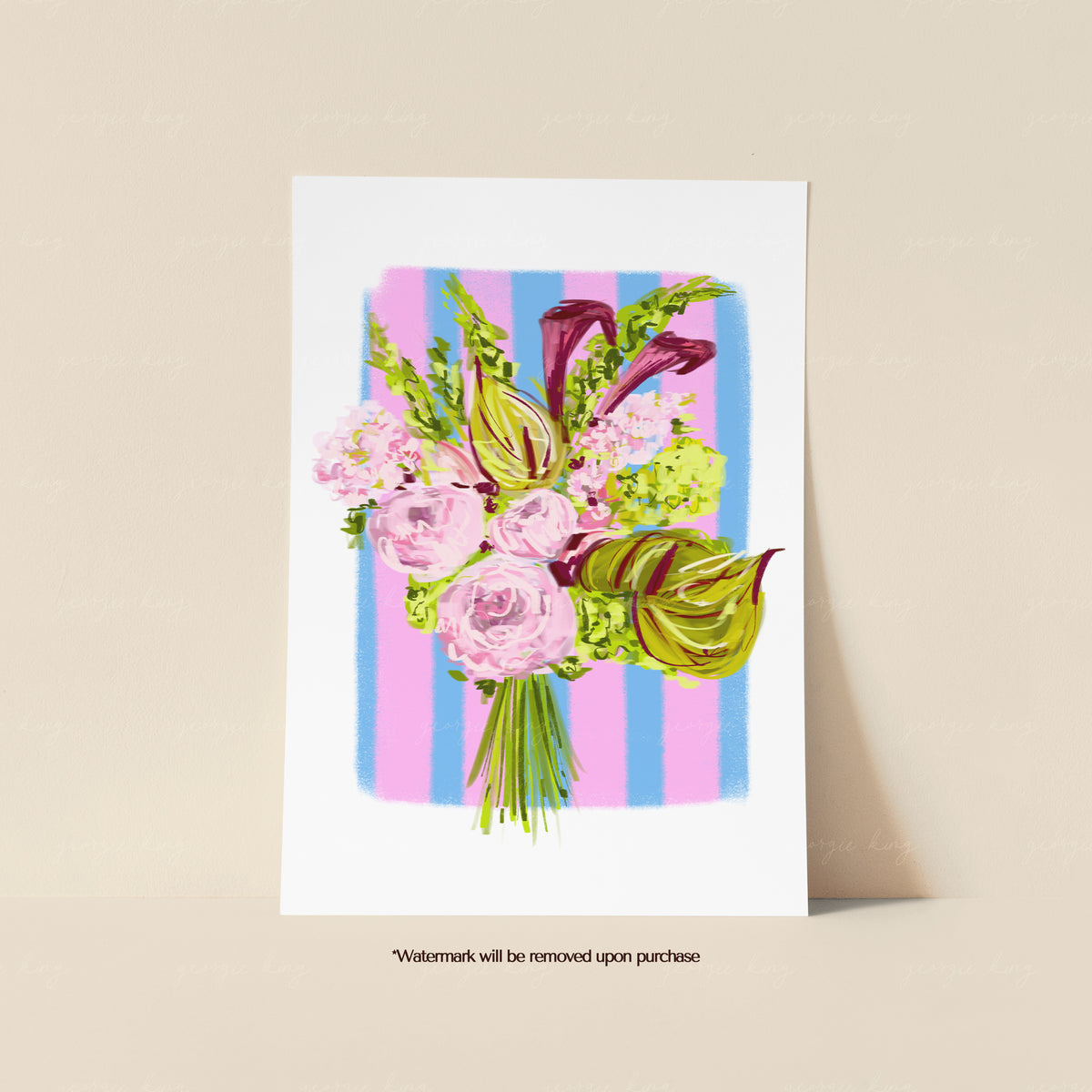 Botanical flower bouquet print with pink roses, soft green blooms and leafy stems against pink and turquoise stripes
