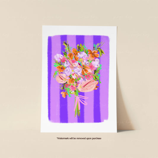 Colourful flower bouquet print with pink, peach and blue blooms against bold purple and lilac stripes
