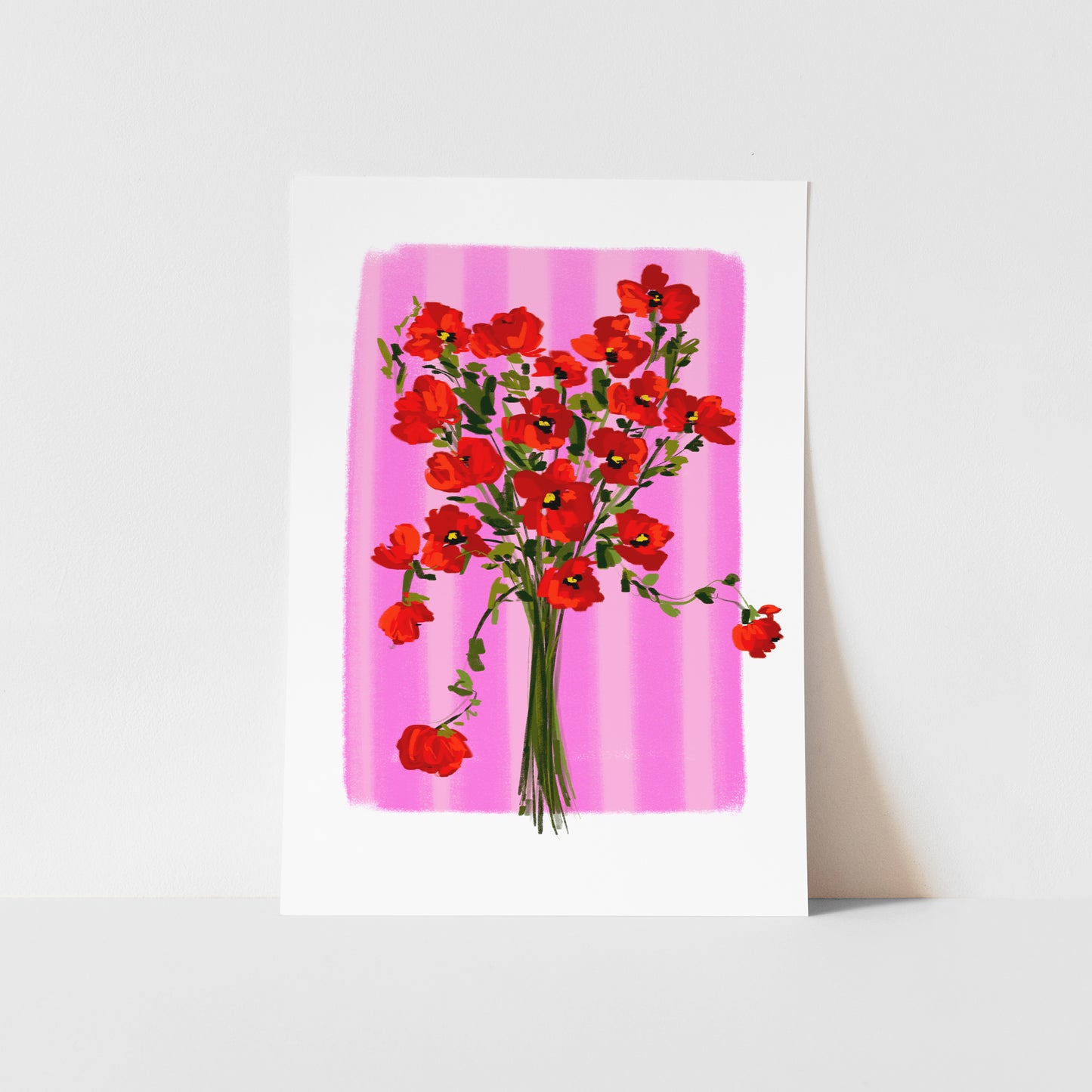 floral wall art featuring a red poppy bouquet on a pink striped background. This botanical print uses a textured, painterly style, making it a vibrant piece of modern home decor.