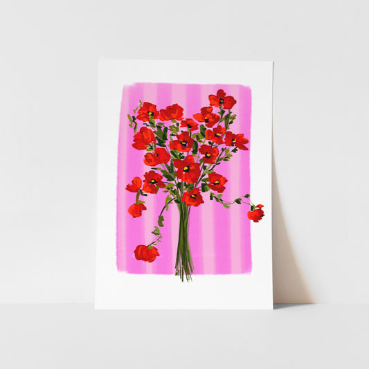 floral wall art featuring a red poppy bouquet on a pink striped background. This botanical print uses a textured, painterly style, making it a vibrant piece of modern home decor.
