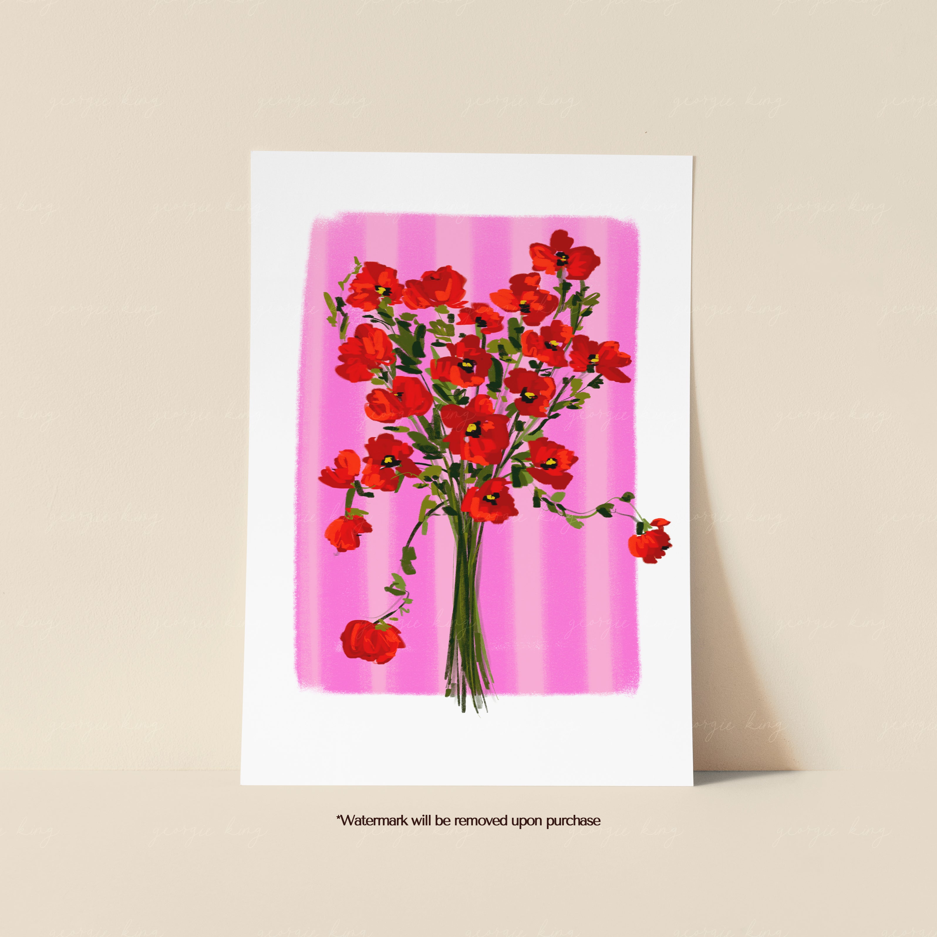 Colourful painted flower bouquet print with pink, purple, orange and cream blooms against hot pink stripes
