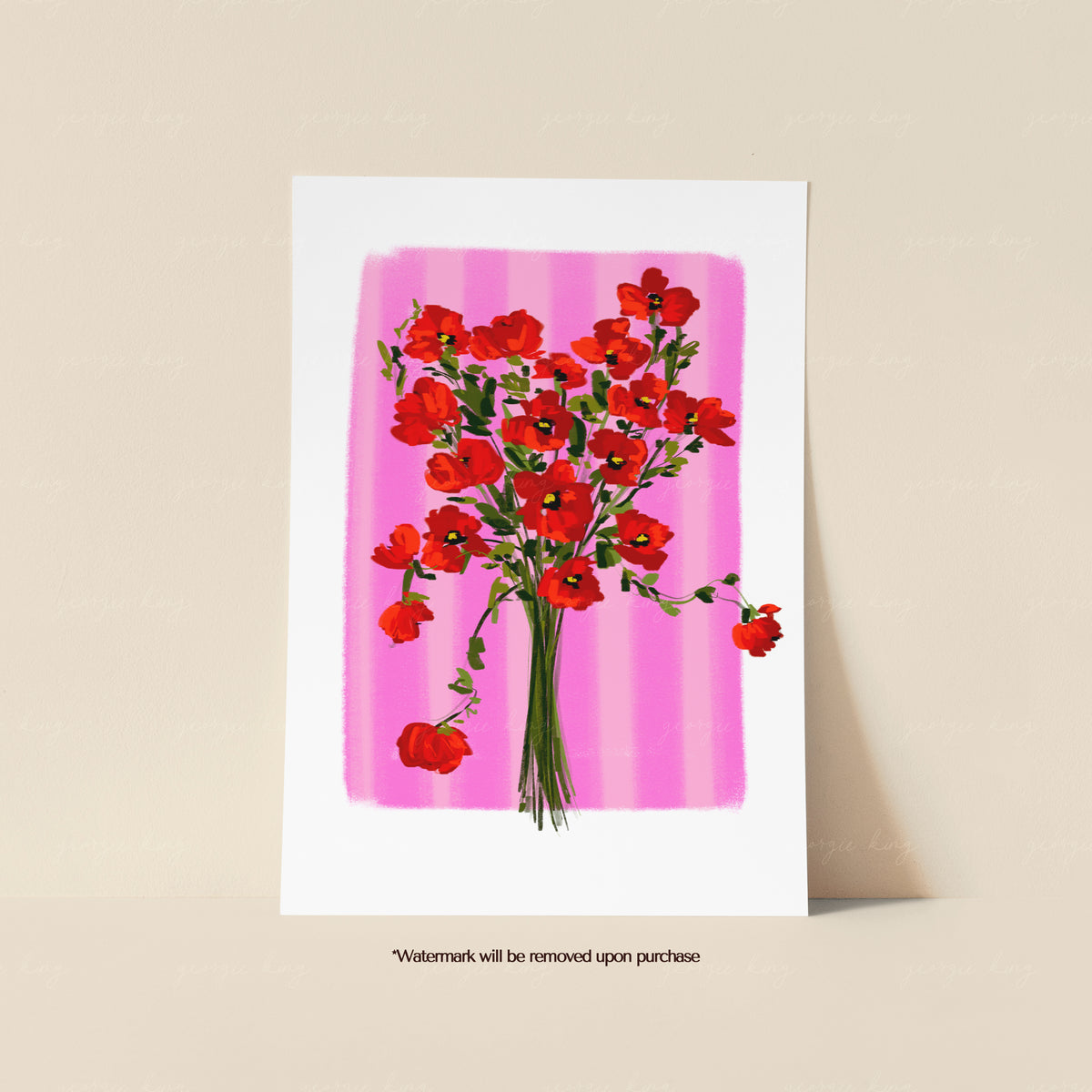 Colourful painted flower bouquet print with pink, purple, orange and cream blooms against hot pink stripes
