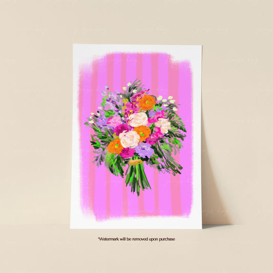 Colourful painted flower bouquet print with pink, purple, orange and cream blooms against hot pink stripes
