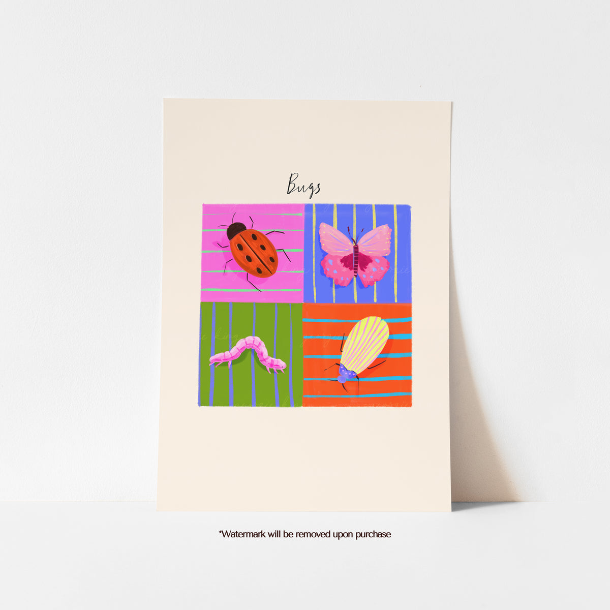 Colourful kids’ bug print featuring a ladybird, butterfly, caterpillar and beetle on bright striped backgrounds