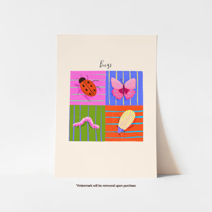 Colourful kids’ bug print featuring a ladybird, butterfly, caterpillar and beetle on bright striped backgrounds