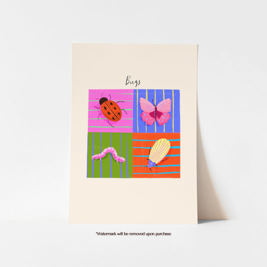 Colourful kids’ bug print featuring a ladybird, butterfly, caterpillar and beetle on bright striped backgrounds