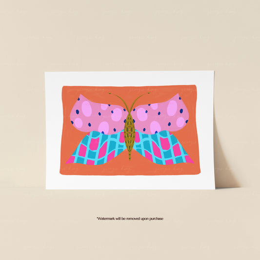 Colourful butterfly kids art print with pink, turquoise and purple patterned wings on an orange background
