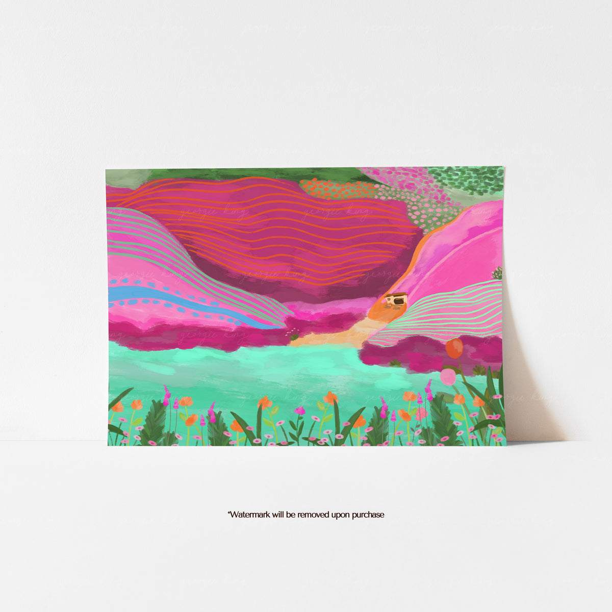 Colourful Chapel Porth Cornwall print with bright pink cliffs, turquoise water and wildflowers in the foreground
