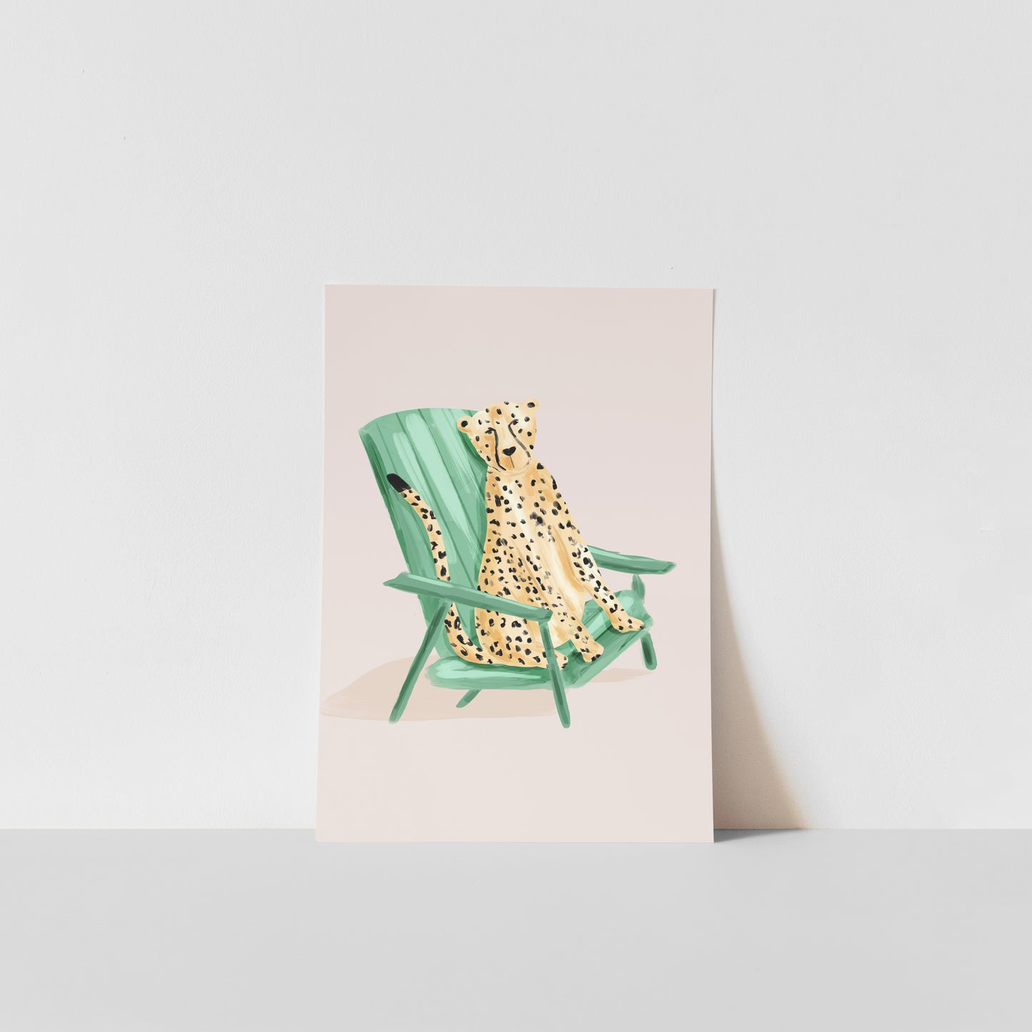 Poster with a green chair and cheetah on a beige background