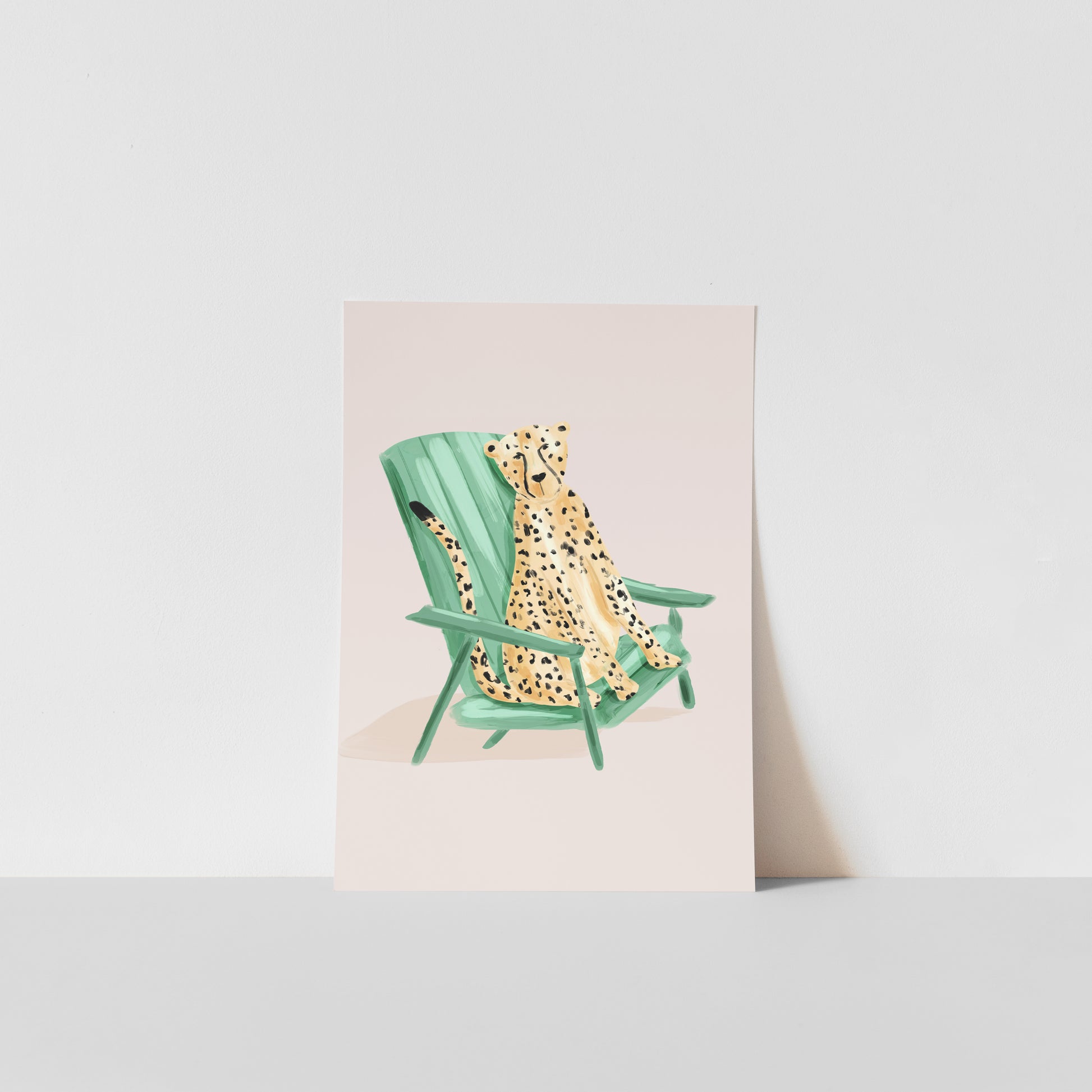 Poster with a green chair and cheetah on a beige background