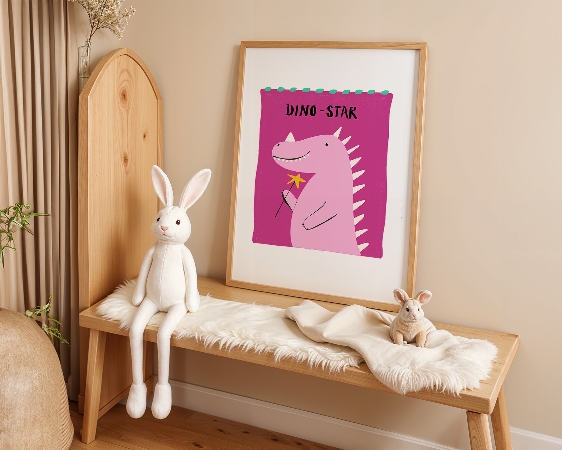Wooden bench with plush toys and a framed picture of a dinosaur on a beige wall.